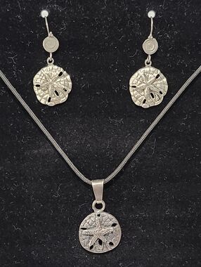 Silver Tone Sand Dollar Necklace and Earring Set
